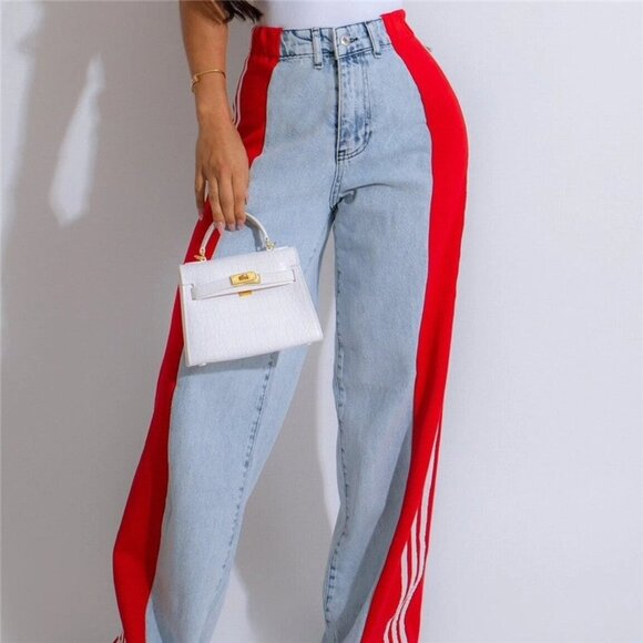 Wide-Leg Red and Blue Striped Contrast Denim Jeans – M, L, XL - Picture 2 of 6